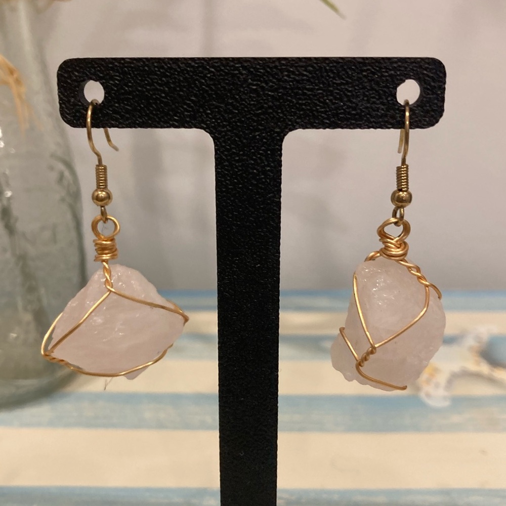 Handcrafted Goldtone Wire Wrapped Rose Quartz Dangle Earrings